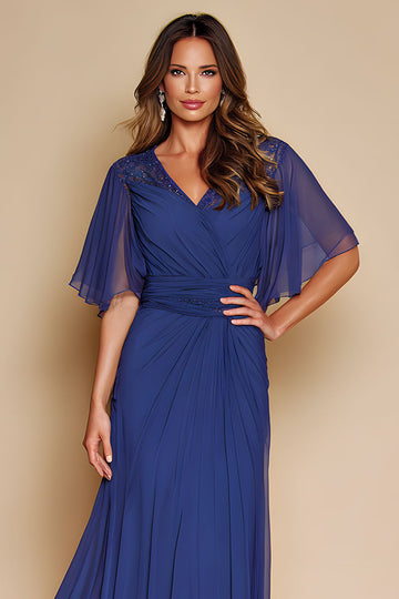 Dark Blue A Line Flowy V-Neck Maxi Mother of the Bride Dress with Sleeves